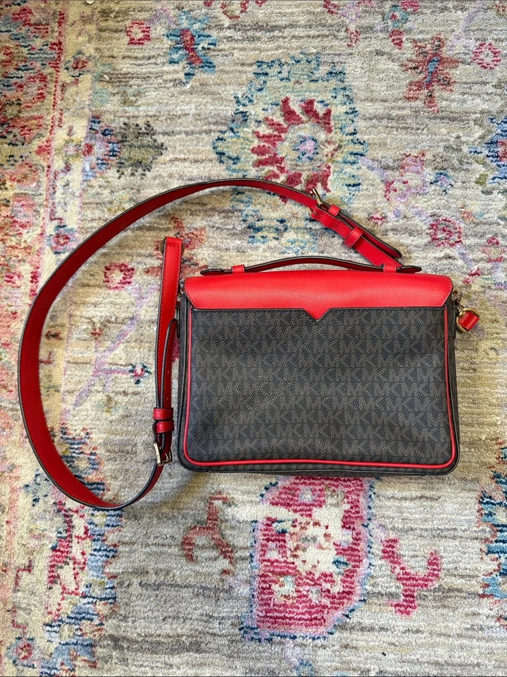 Michael Kors Red and Brown Monogram Flap Crossbody